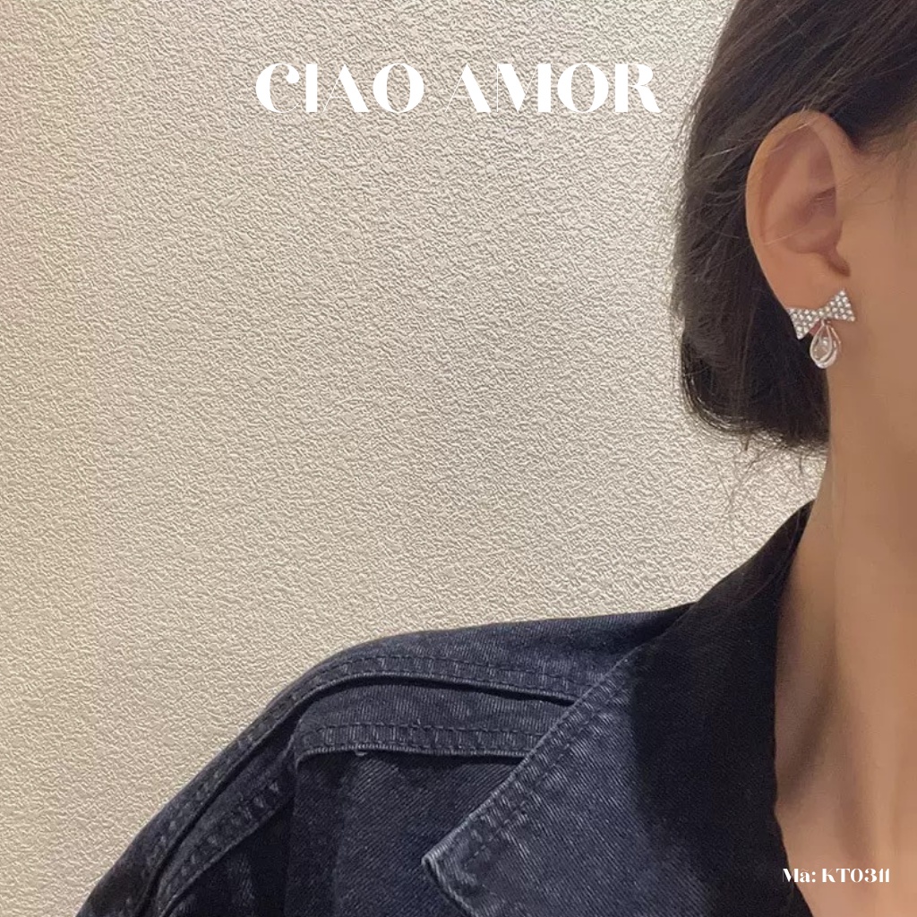 Khuyên tai nữ, Bông tai nữ nụ nơ bạc đính đá to dưới Trang sức Ciao Amor - KT0311