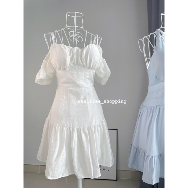 (Ảnh thật) Đầm Trắng Ngắn Hai Dây Trễ Vai Công Chúa Mặc Đi Tiệc, Đi Chơi, Kỷ Yếu (Hình Thật) D044