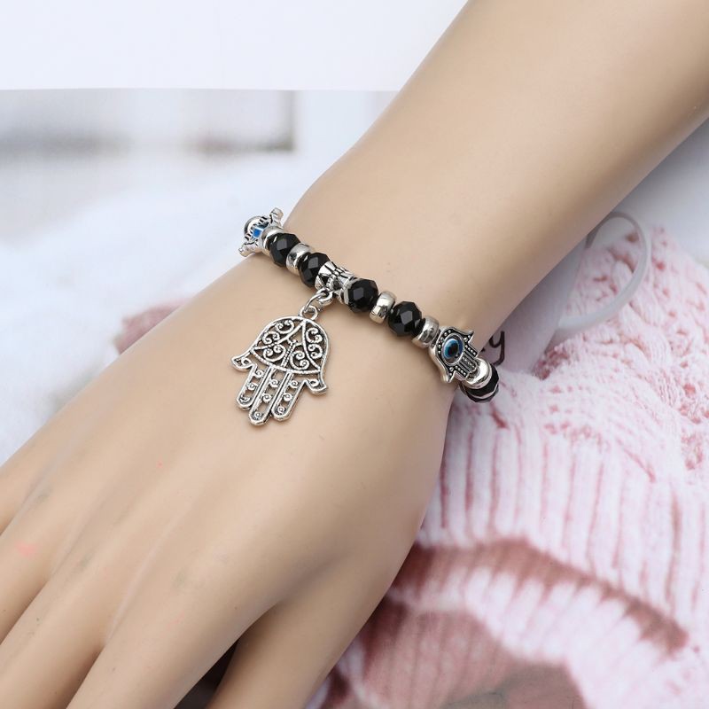 Vòng tay co giãn xanh phối chuỗi hạt hình mắt quỷ độc đáo