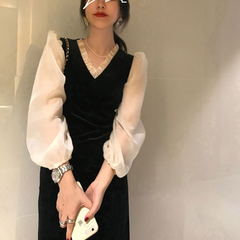 Đầm Nhung Xiaozhainv Tay Dài Cổ Chữ V Phong Cách Retro Hàn Quốc | BigBuy360 - bigbuy360.vn