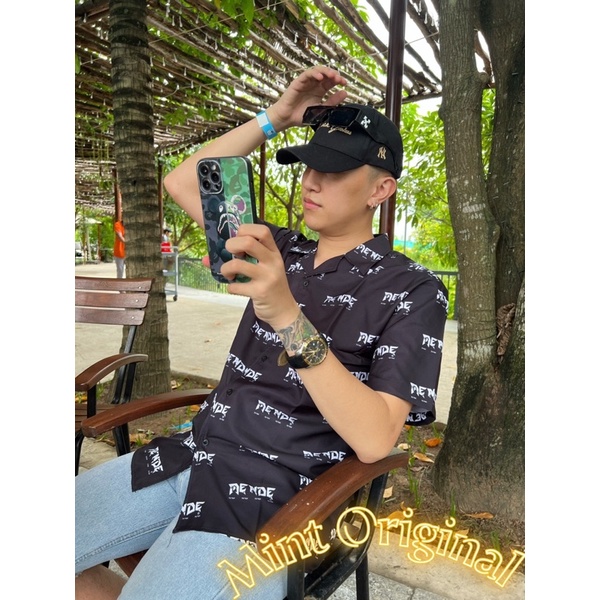 Áo Sơ Mi Hoạ Tiết Hình Chữ Tay Ngắn Cổ Vest Thời Trang Unisex Vải Lụa Chéo