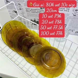 Set 10 dĩa thuỷ tinh nâu vintage sâu lòng 20cm