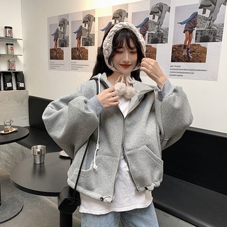 Áo khoác nữ from rộng có mũ áo liền khóa kéo tay áo cánh dơi phong cách hàn quốc