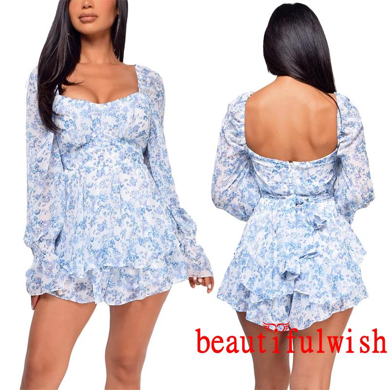 BEAUTIFULWISH-Women’s Sexy Square Collar Backless Jumpsuit Fashion Flower Bandage High Waist Long Sleeve Playsuit | BigBuy360 - bigbuy360.vn