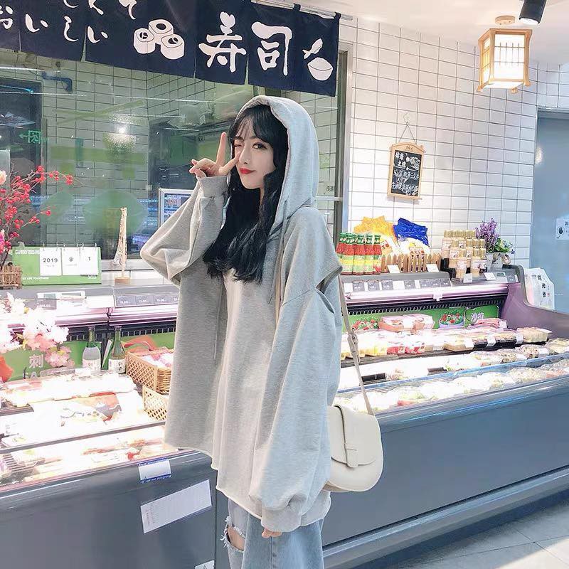 Áo hoodie trơn nữ tay dài khoét hở vai ulzzang