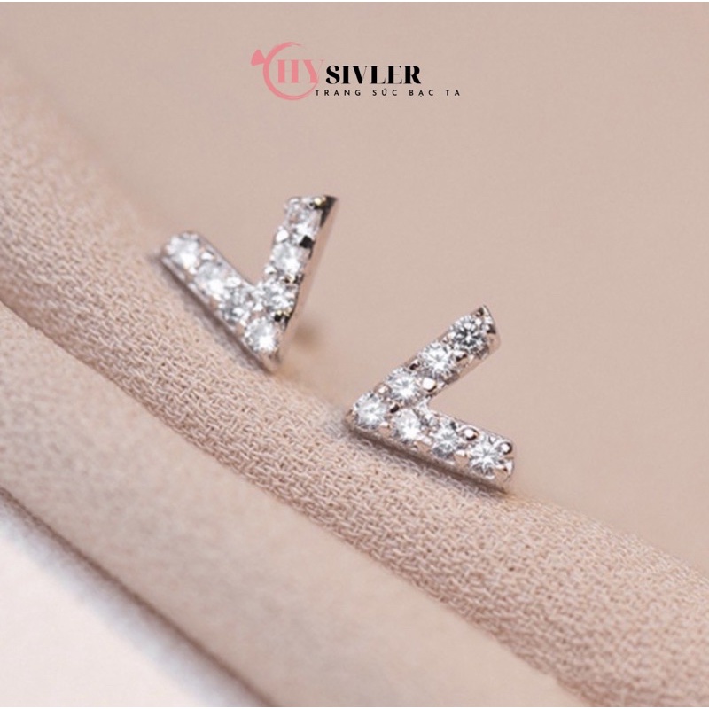 Bông tai bạc ta chữ V đính đá nhỏ xinh nữ tính bông tai nữ bạc thật giá rẻ