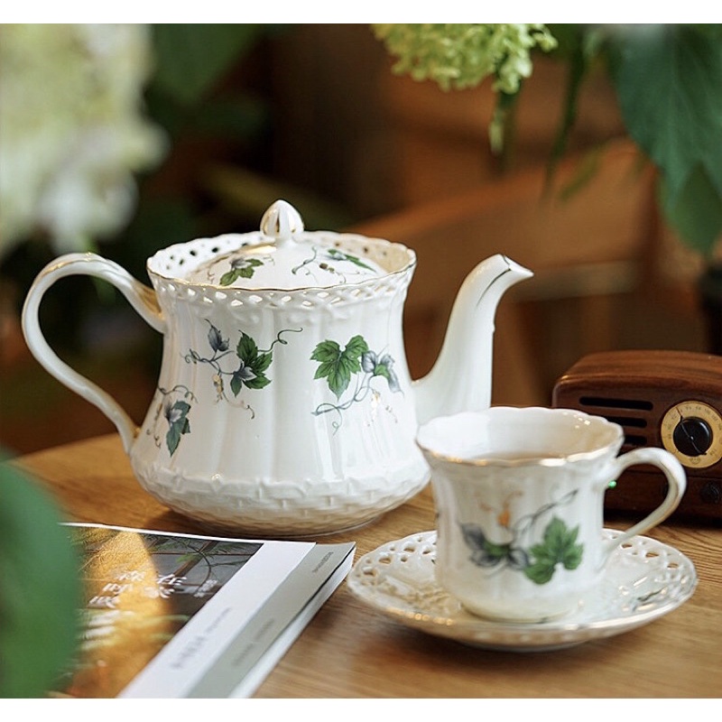 Set trà chiều vintage phong cách Châu Âu hoạ tiết lá nho xanh