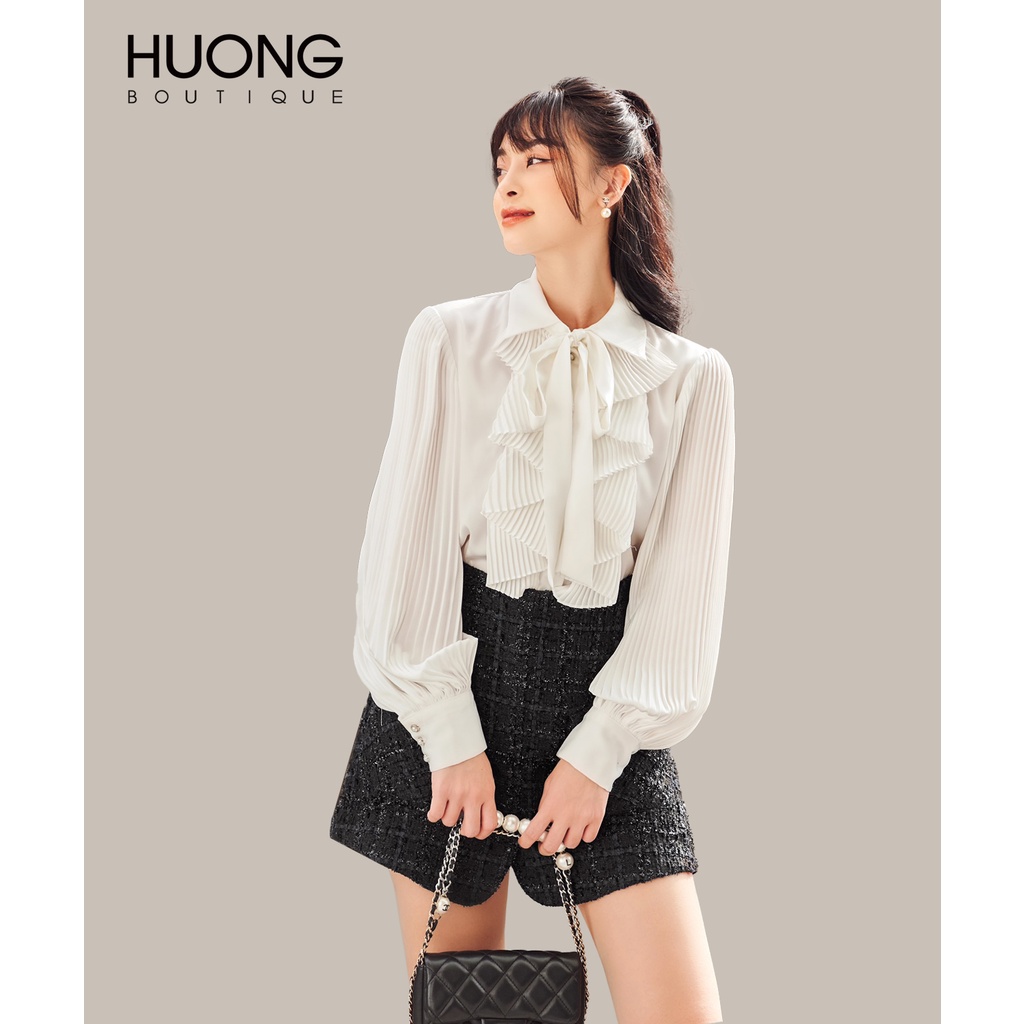 Áo sơ mi lụa tơ tằm nữ HUONG BOUTIQUE HBSM857 cổ nơ, dập li ngực
