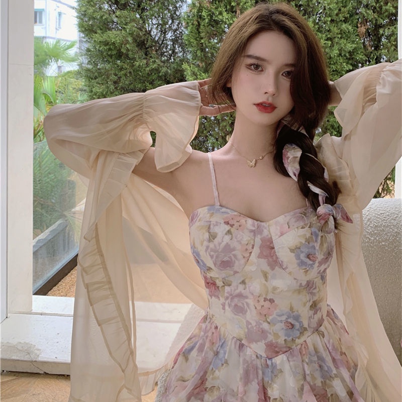 Áo khoác chống nắng/ Đầm hai dây Perty họa tiết hoa phong cách hàn quốc thanh lịch cho nữ