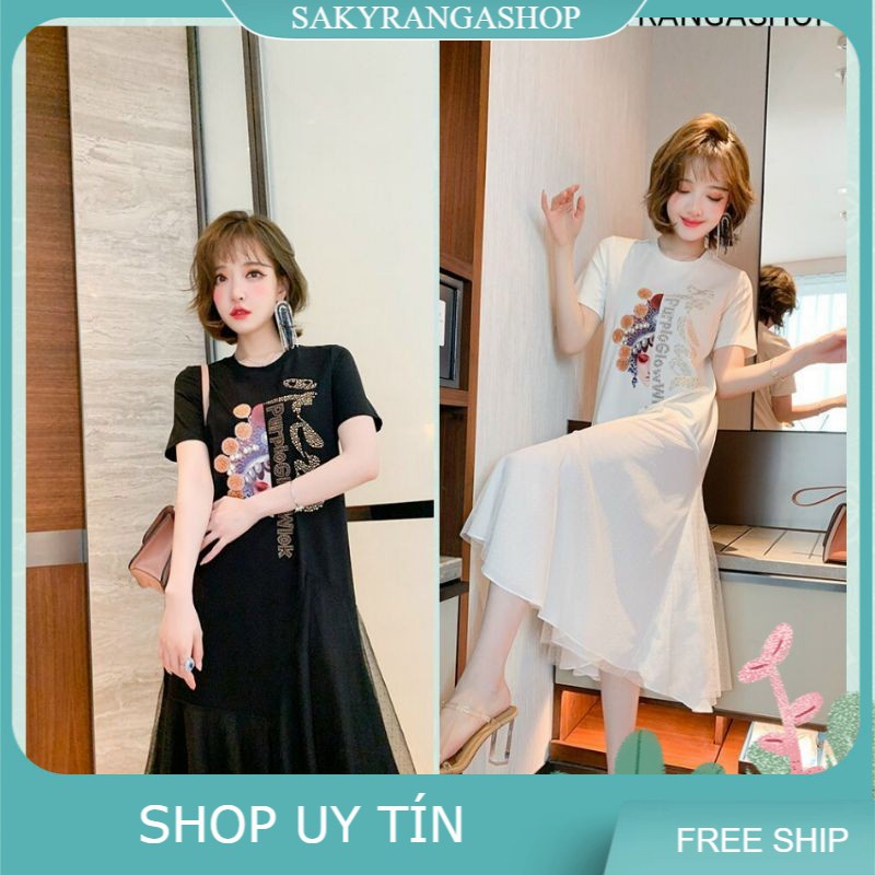 HÀNG NHẬP - ĐẦM THUN SUÔNG ĐÍNH ĐÁ LAI PHỐI LƯỚI