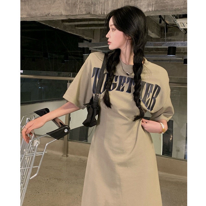 Jiashucheng Đầm Sweatshirt Dáng Chữ A Chiết Eo Mỏng In Chữ Phong Cách Hồng Kông Phương Tây Hợp Mùa Hè