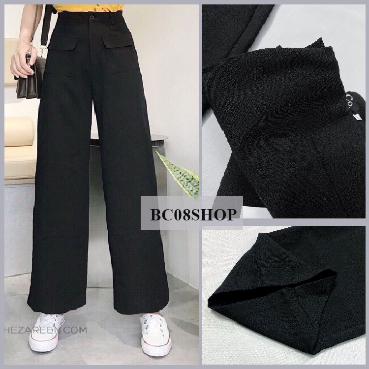 Quần Tây Ống Suông Đen Phối Túi Trước lưng cao Basic BC57
