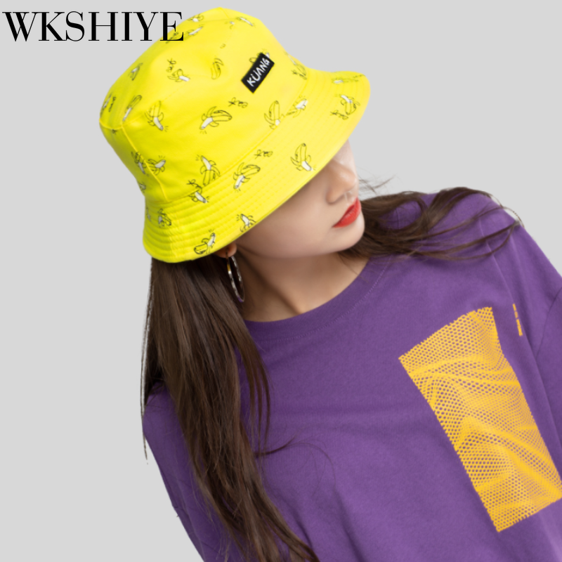 Retro Canvas Fisherman Hat Female Double-sided Banana Print Bucket Hat