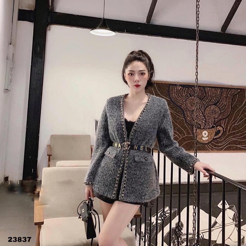 Áo khoác len lông viền xích Hàn quốc kèm đai