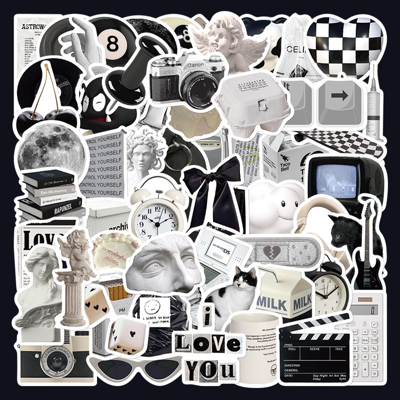 Set 61 Nhãn Dán Graffiti Màu Trắng Đen Chống Nước Trang Trí Tủ Lạnh / Laptop / Ván Trượt / Xe Máy