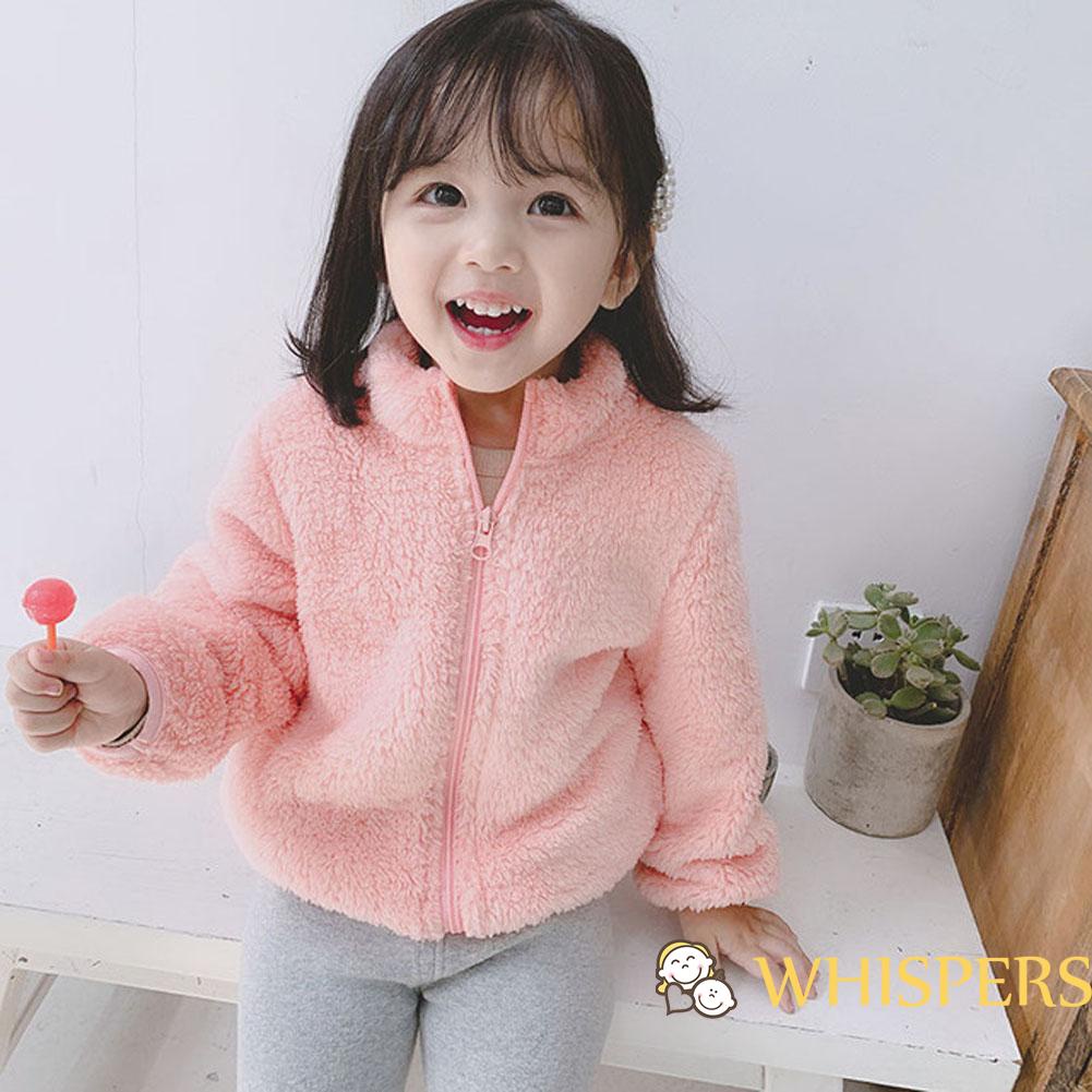 Áo khoác lông tay dài màu trơn có khóa kéo giữ ấm cho bé