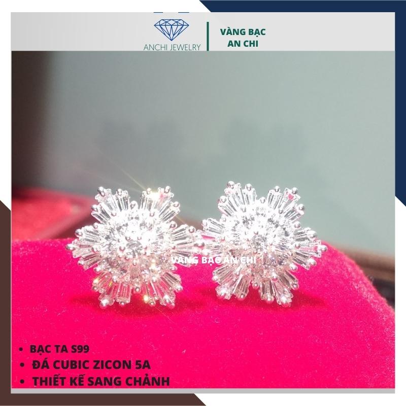 Bông tai hoa đá to - chuẩn bạc ta, đá baguette - An chi jewelry