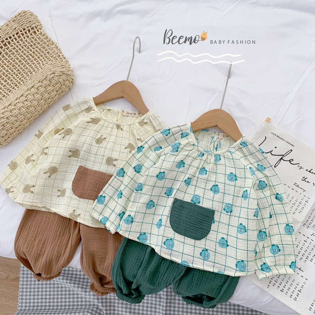 Set bộ đồ Beemo cho bé gái vải xô cotton phối túi trước in hình đáng yêu 2 màu từ 1 đến 6 tuổi 22140B1