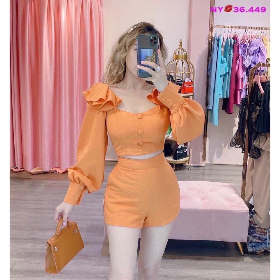 Sét bộ đũi tay dài phối bèo vai đính nút và quần short ngắn
