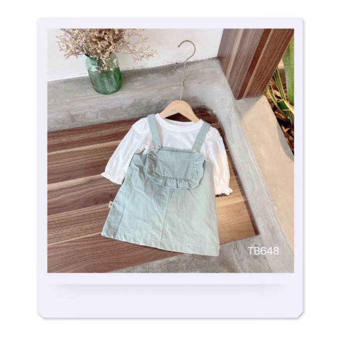 Sét áo cotton tay lỡ bo chun nhẹ+ yếm váy thô đẹp cho bé gái