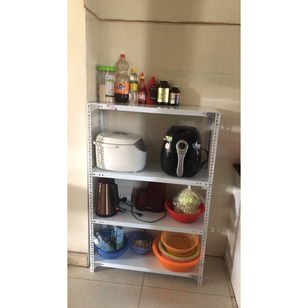 Kệ sắt v lỗ 4 tầng: Cao 1m2 x dài 80cm x rộng 30cm gồm 4 tầng