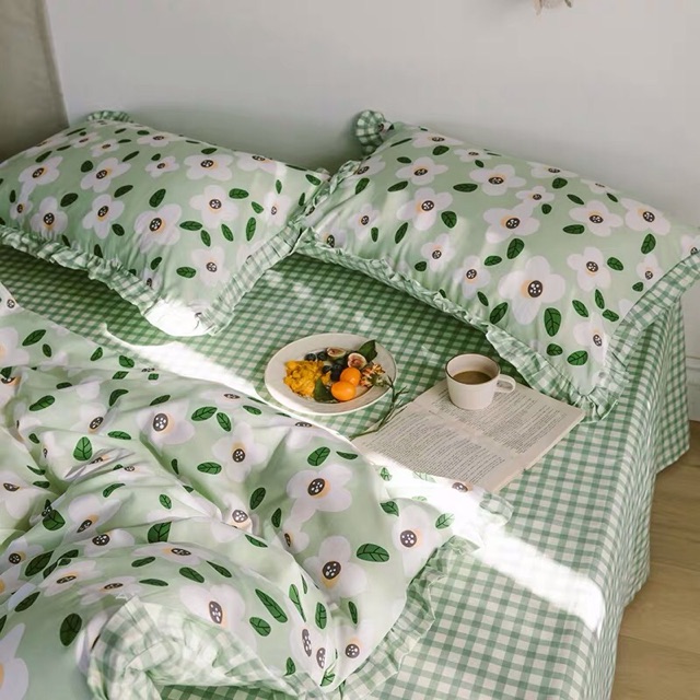 [Giá rẻ] Set Chăn Ga Cotton Poly Hoa Bốn Cánh Trắng Ga Kẻ Xanh Siêu Sang _Shinbedding_