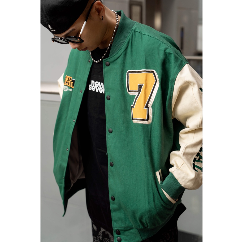 Áo khoác bomber varsity kaki N7 ANTI SOCIAL jacket bóng chày basic nam nữ form rộng Local Brand