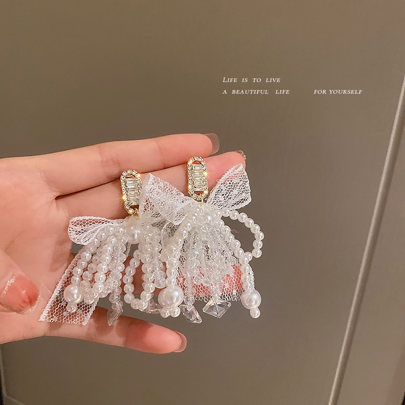 Khuyên tai bạc 925 phối nơ đính đá zircon và ngọc trai nhân tạo thời trang