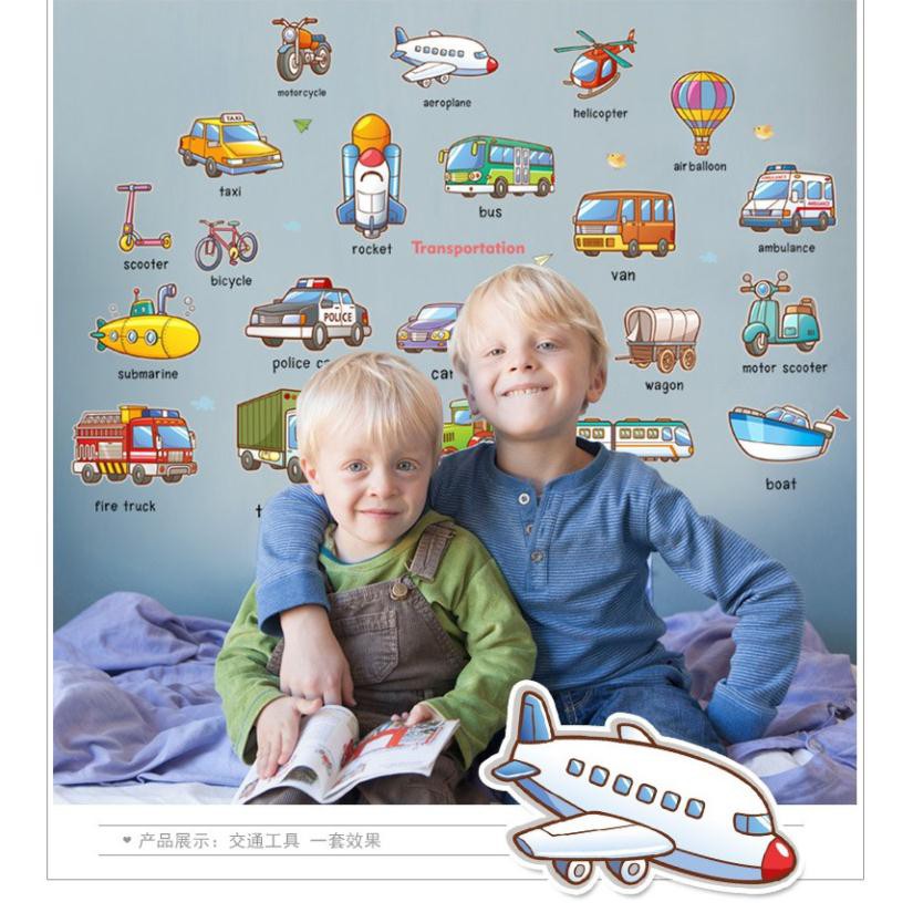 Tranh decal, decal dán tường trang trí phòng cho bé vừa giúp con nhận biết sớm các phương tiện giao thông TE24