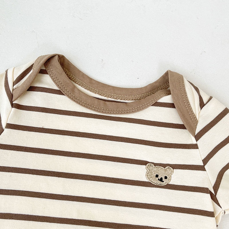 Bộ Áo Liền Quần Bằng Cotton Tay Ngắn Họa Tiết Kẻ Sọc Thời Trang Mùa Hè Hàn Quốc Cho Bé Sơ Sinh 0-18 Tháng Tuổi