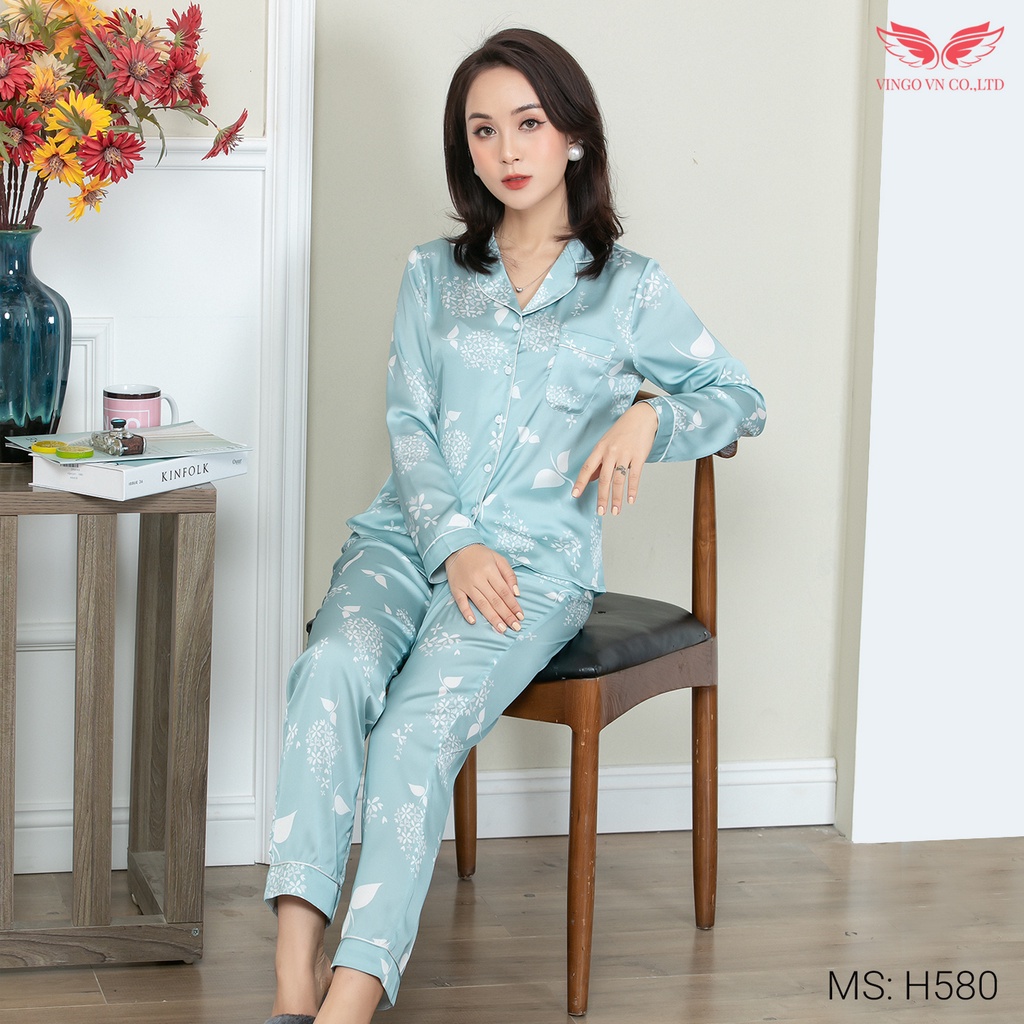 Đồ bộ ngủ nữ pyjama mặc nhà VINGO Lụa Pháp mềm cao cấp tay dài quần dài họa tiết chùm hoa xanh ngọc Thu Đông H580 VNGO | BigBuy360 - bigbuy360.vn