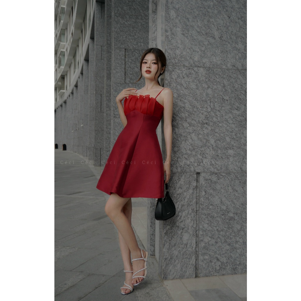 Size SML - Đầm hai dây dáng xòe phối organza bèo ngực, Céci Store.