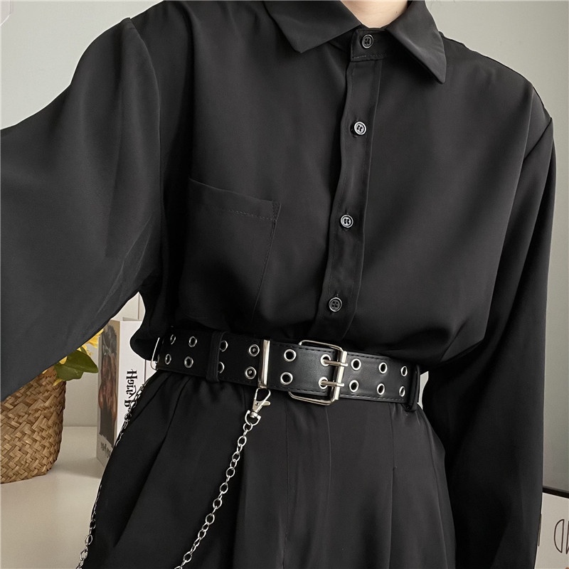 Thắt Lưng Hai Hàng Lỗ Phối Dây Xích Phong Cách Hiphop Đường Phố Trẻ Trung Cho Nam