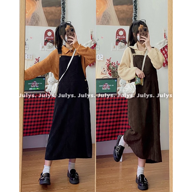 Yếm váy nhung túi ngực cúc hông (ảnh thật shop chụp kèm video)