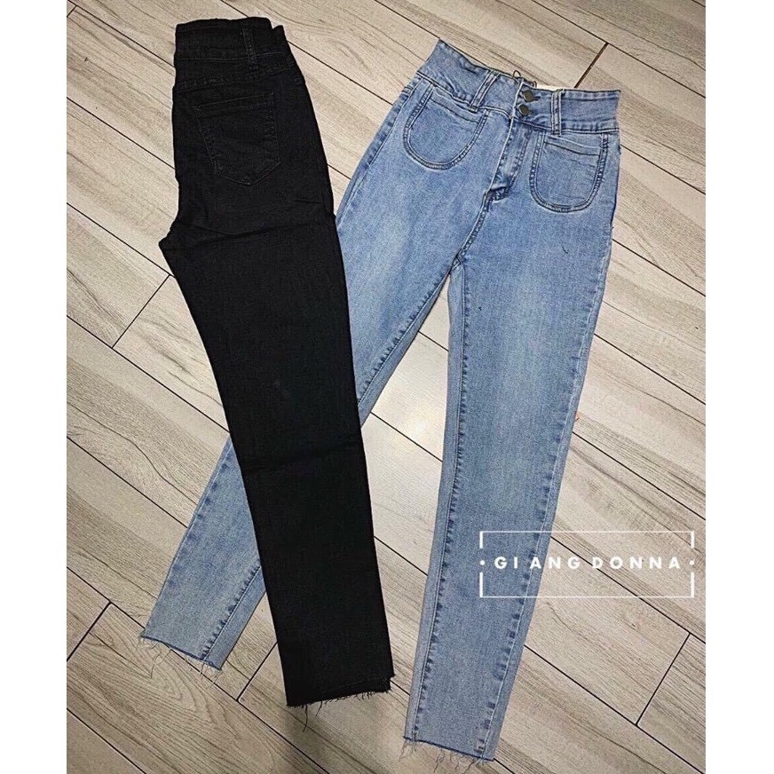 Quần Jean Nữ - Hàng VNXK, Quần Bò Chất Cotton Dáng Skinny Dài Ôm 2 Cúc, Ống Bó Cạp / Lưng Cao, 2 Màu Đen / Xanh Co Giãn | BigBuy360 - bigbuy360.vn