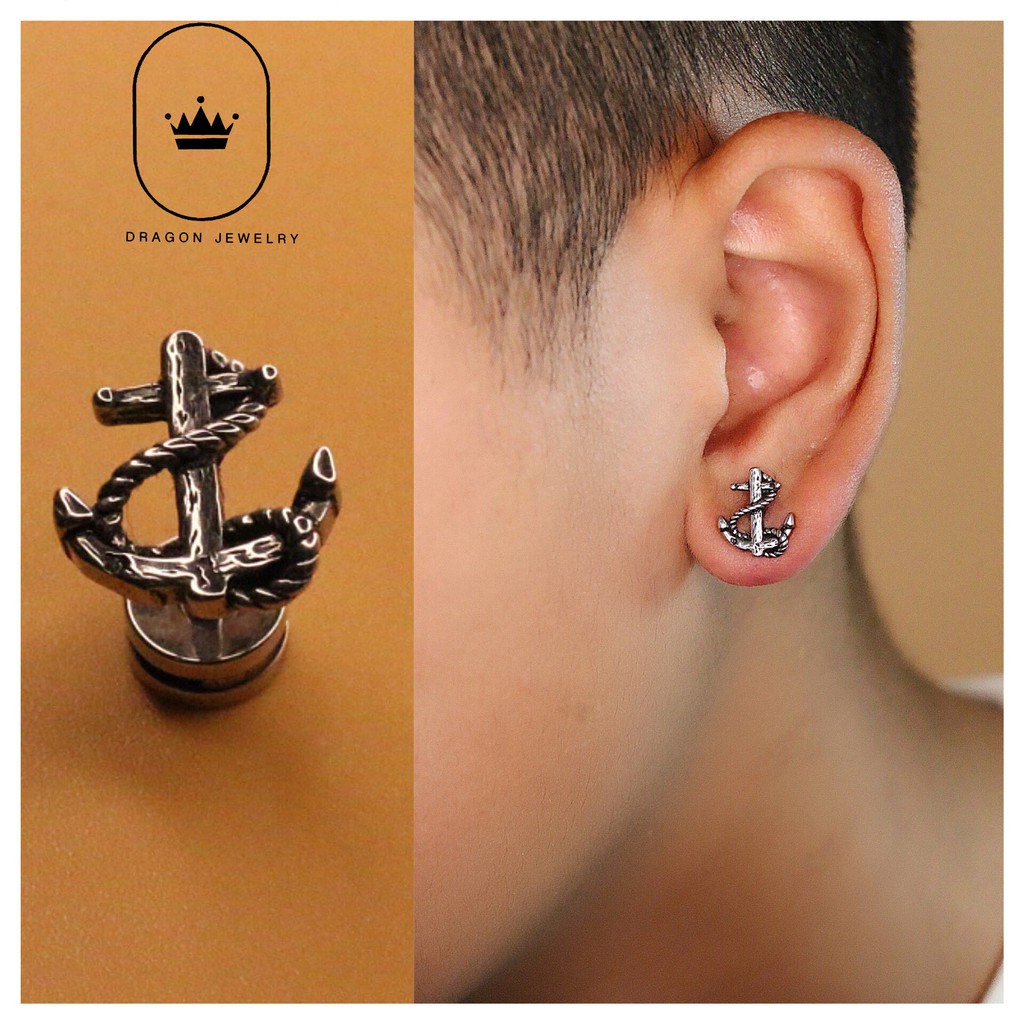 Khuyên tai nam nữ đẹp cao cấp khuyên xỏ nam hoạ tiết mỏ neo siêu độc lạ Anchor Earring Dragon Jewelry Vietnam mã E31S1