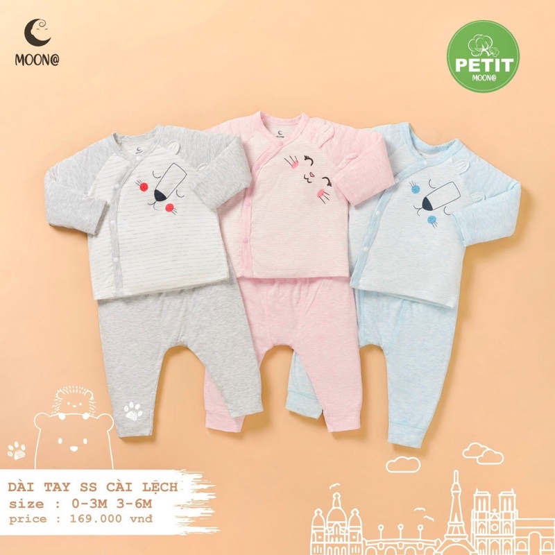 Moon - Bộ cài lệch dài tay vải Petit mềm mát cho bé trai, bé gái từ sơ sinh đến 6 tháng