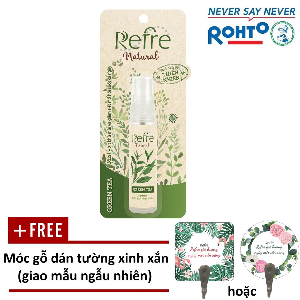 Xịt Khử Mùi Refre Natural Green Tea Hương Trà Xanh (30ml) + Tặng 2 móc gỗ dán tường xinh xắn