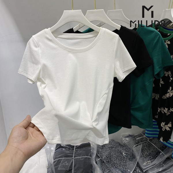 Áo thun cổ tròn ngắn tay thắt nút vải cotton phong cách Hàn Quốc thời trang hè mới cho nữ