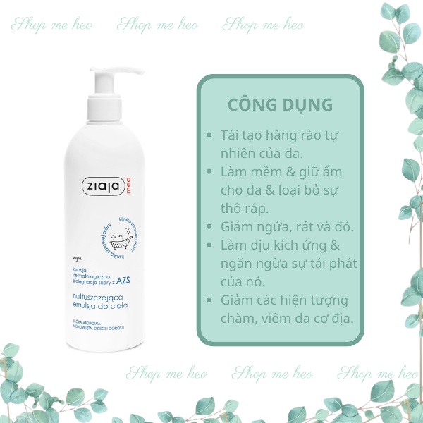 Nhũ Tương Ziaja Med AZS 400ml, Nhũ Tương Dưỡng Ẩm Mềm Mượt Da Toàn Thân 1% Urê Ziaja Med Atopic