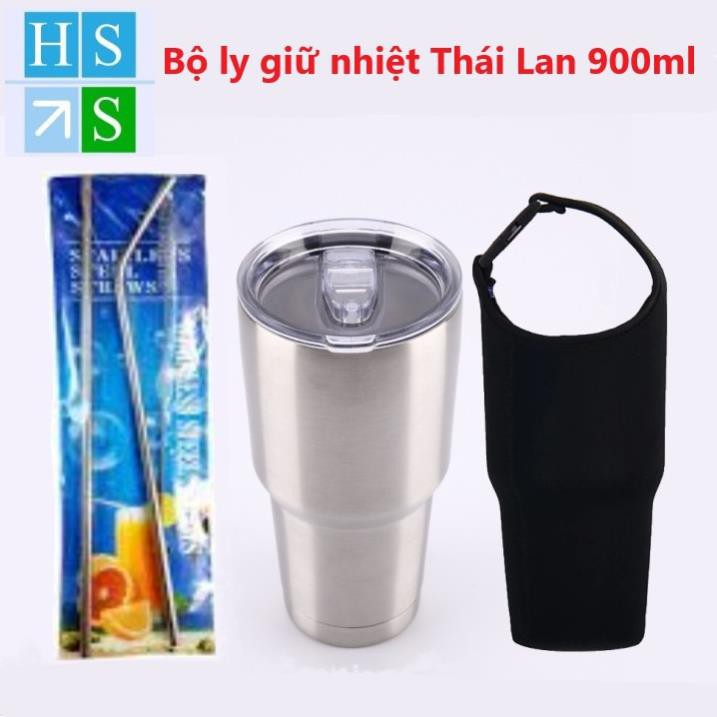 Ly giữ nhiệt Thái Lan 900ml (Kèm 2 Ống hút + 1 Cọ rửa + 1 Túi xách) Bình cốc cách nhiệt inox 304 cao cấp - NPP HS Shop