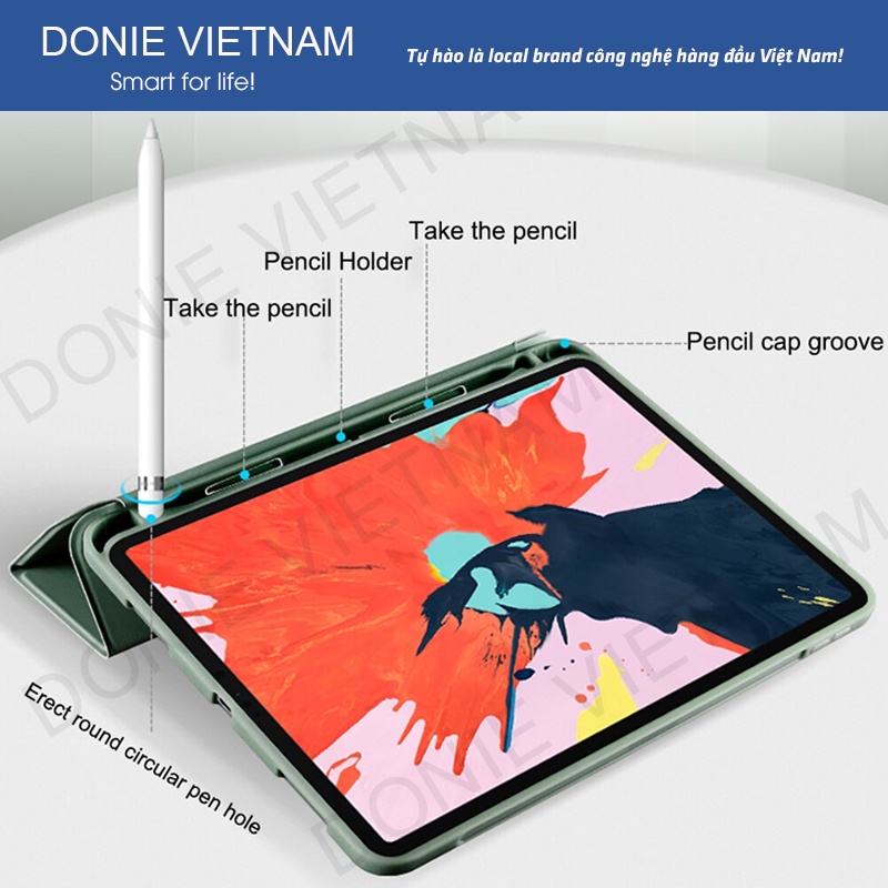 Bao Da Thông Minh Cho Ipad Phiên Bản Có Khay Đựng Bút Chính Hãng Donie 100% Viền Silicon