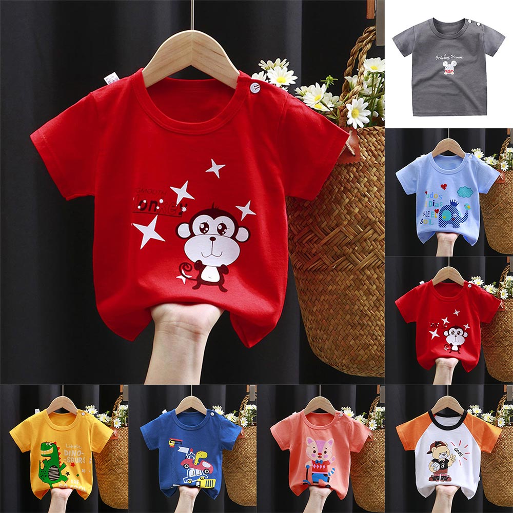 Áo Thun Cotton Cổ Tròn Tay Ngắn In Hình Động Vật Dễ Thương Thời Trang Mùa Hè Cho Bé