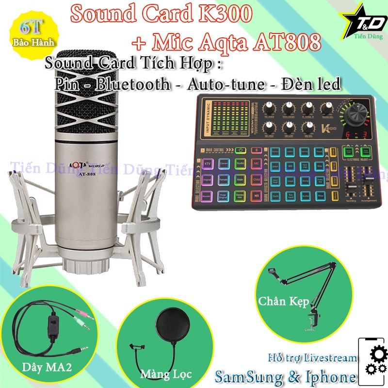 Combo mic thu âm kiêm karaoke Aqta AT808 và sound card K300 có bluetooth Auto-tune đi dây ma2 kèm chân kẹp màng lọc