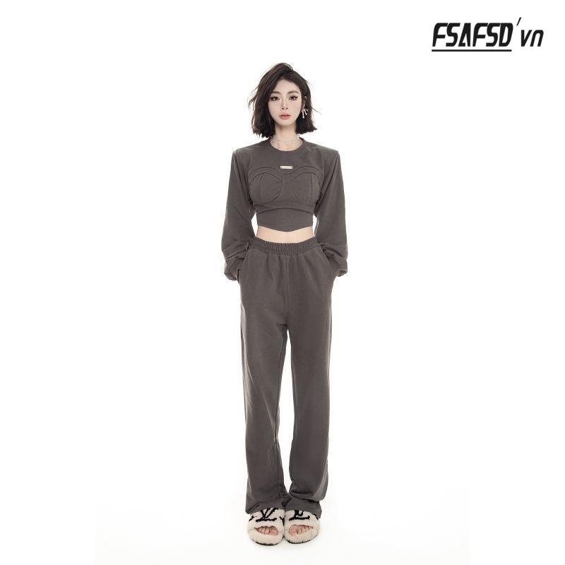 Set Đồ Thể Thao Gồm Quần Dài Ống Rộng Lưng Cao Kiểu Dáng Đơn Giản Năng Động Thời Trang