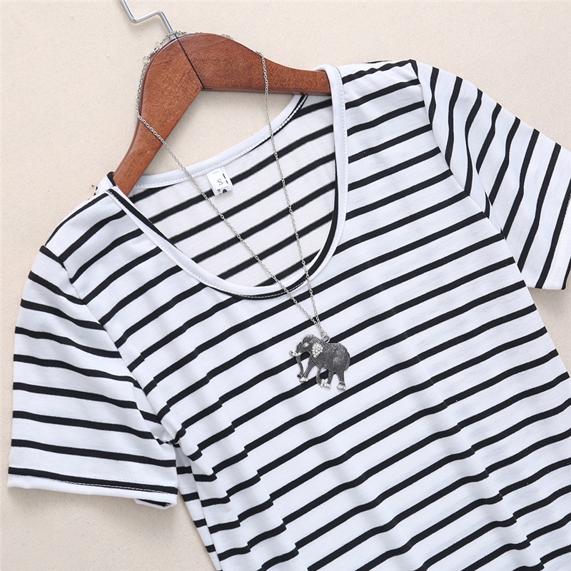 Đầm Thun Ngắn Tay Cổ Tròn Dáng Rộng Họa Tiết Kẻ Sọc Thời Trang Mùa Hè Cho Nữ