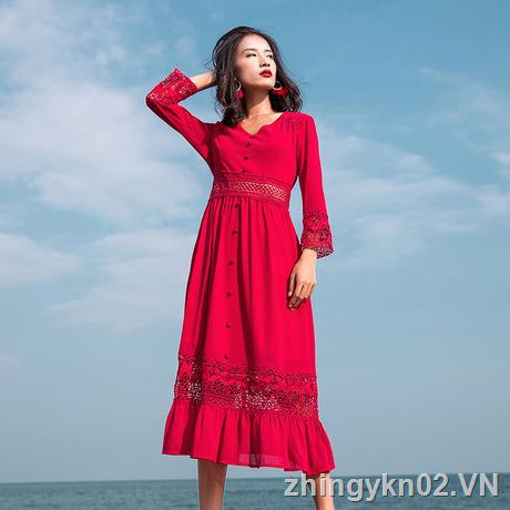 【In Stock & COD】NEW Đầm Dài Đi Biển Màu Đỏ Thời Trang Mùa Hè 2018 Cho Nữ