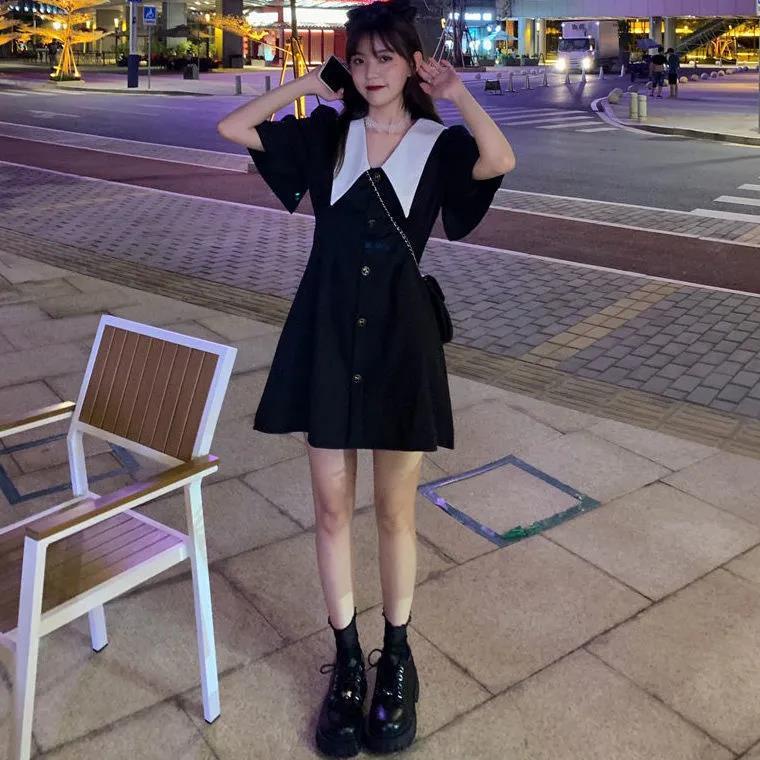 Váy Babydoll Đen Cổ Búp Bê Phong Cách Pháp Thời Trang Mùa Hè Xinh Xắn Váy Bigsize Nữ