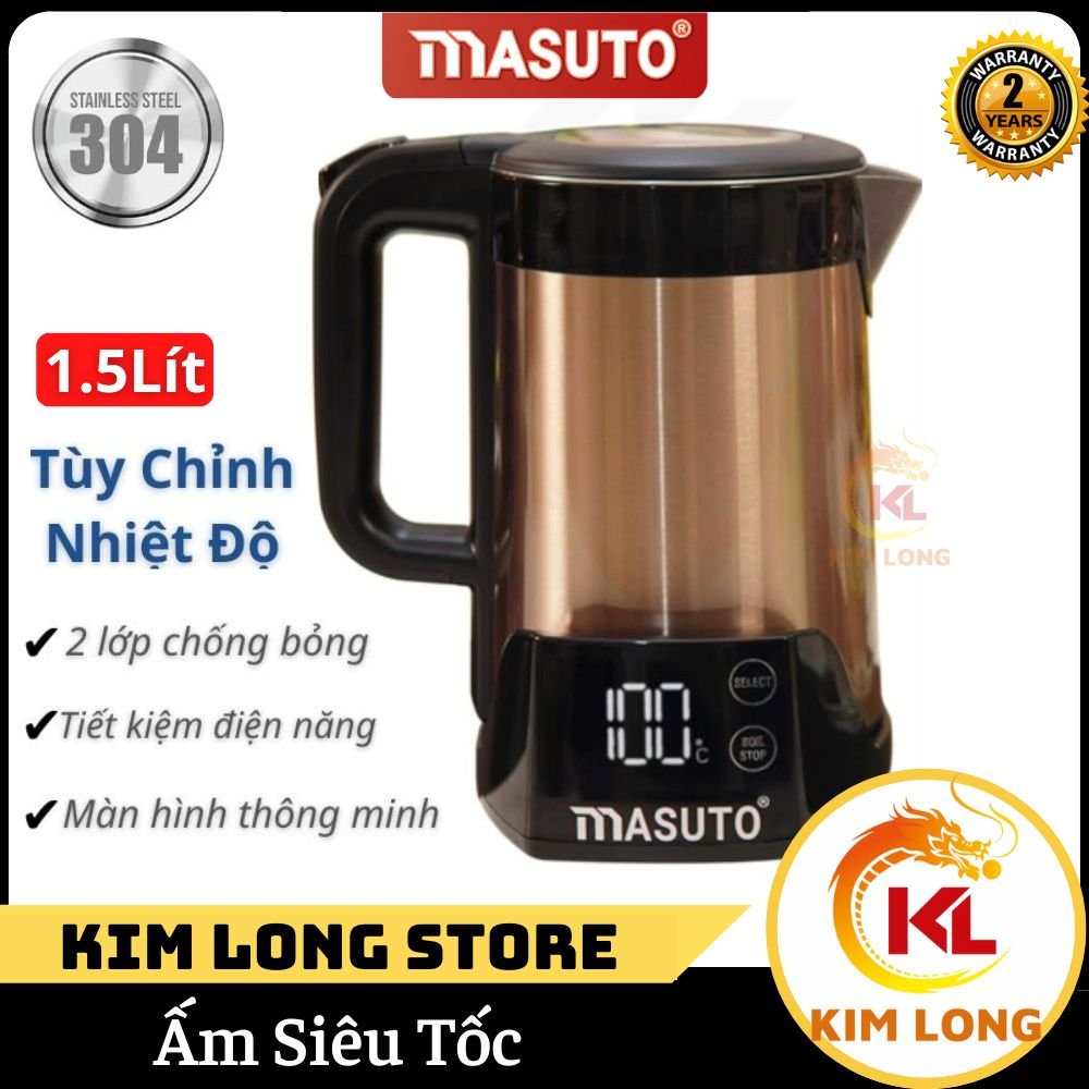 Ấm siêu tốc chống bỏng 2 lớp Masuto giữ điều chỉnh nhiệt độ , bình ruột Inox304 nguyên khối chống rò rỉ bền - kim long