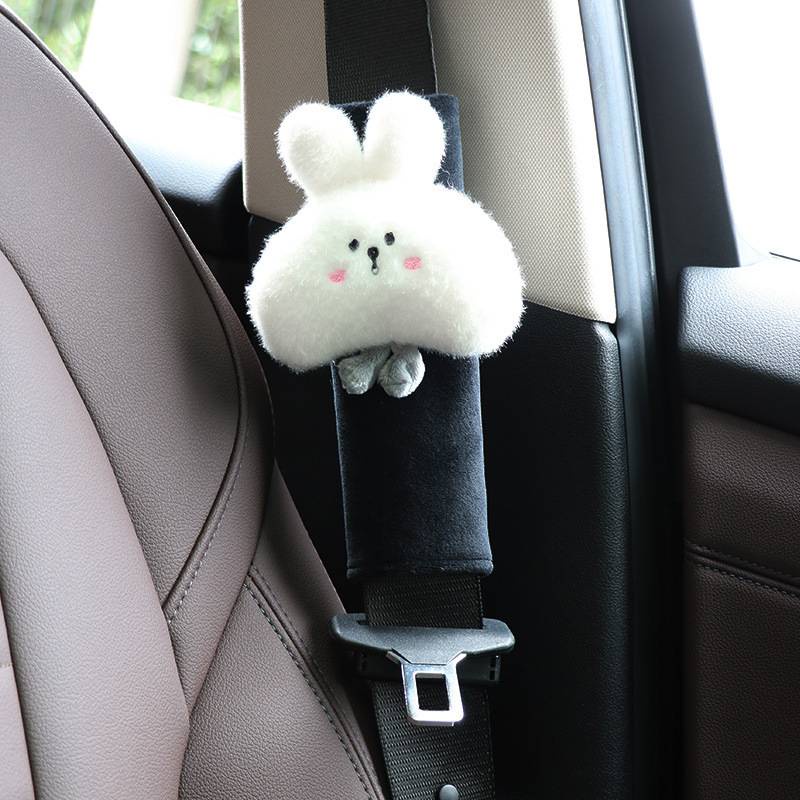 Gối Tựa Đầu Tựa Lưng Ô Tô hình thỏ hai màu trắng, hồng dễ thương - Dây đai hình thú trang trí nội thất trên xe hơi